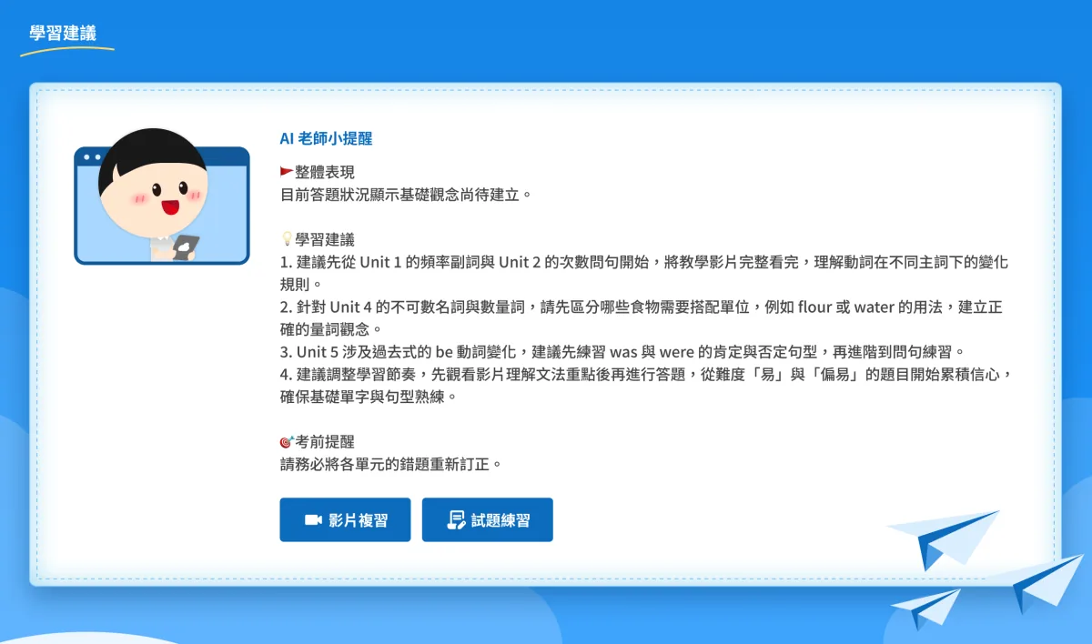 AI 老師小提醒介面：依作答與進度列出建議的複習步驟