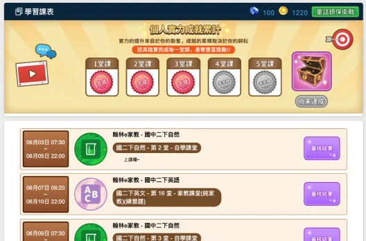 學習課表畫面:列出每堂課的日期、科目與完成進度