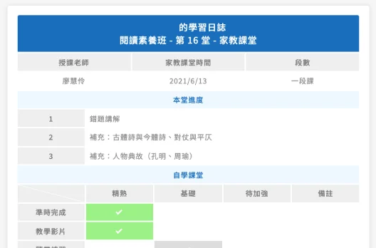 學習日誌畫面:記錄授課老師、上課時間與本堂進度